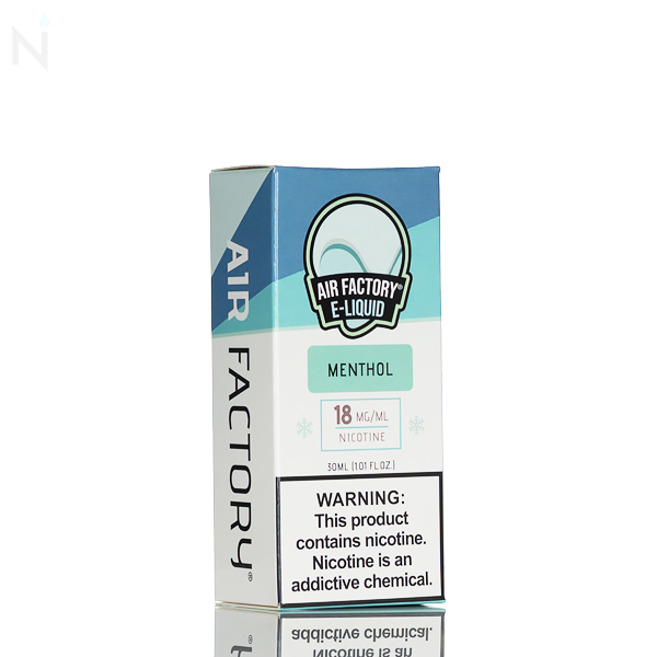 An Air Factory Salt Nic Menthol 30ml Nicotine Salt E-Liquid small white and blue box is placed on a reflective surface and surrounded by a white background.
