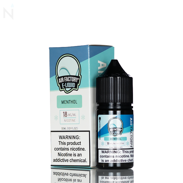 An Air Factory Salt Nic Menthol 30ml Nicotine Salt E-Liquid small black bottle is paired with a similar small white box. Both have a nicotine warning.