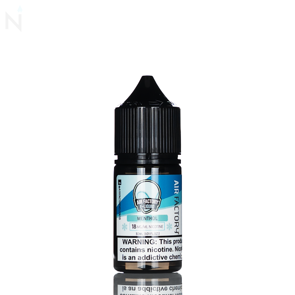 An Air Factory Salt Nic Menthol 30ml Nicotine Salt E-Liquid small black and blue bottle is placed on a reflective surfaced and against a white background.