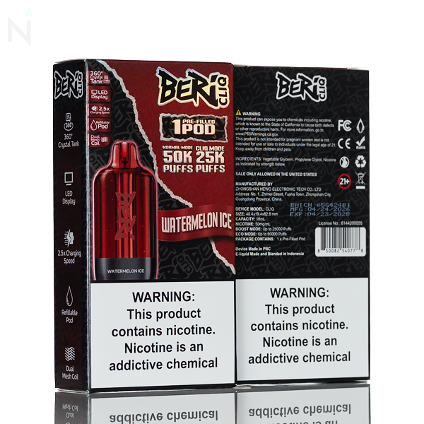 Beri CLIQ 50K 50,000 Puffs Replacement Pods nicotine salt rechargeable 5% nicotine strength draw activated watermelon ice