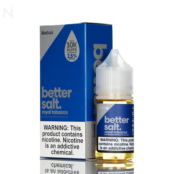 Vapetasia Bettersalt Salt Nic Royal Tobacco blue and silver bottle and similar box is placed on a reflective surface. Both have a nicotine warning.