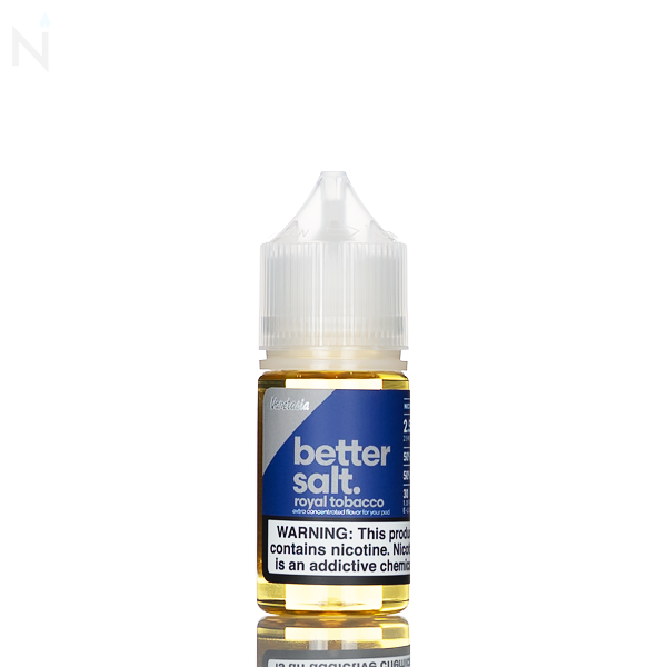 Vapetasia Bettersalt Salt Nic Royal Tobacco blue and silver bottle with a clear cap is placed on a reflective surface and against a white background.