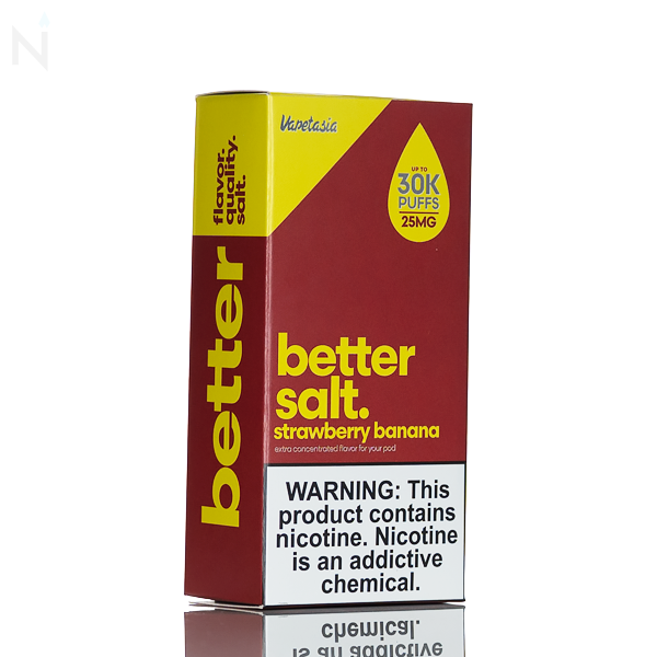 A Vapetasia Bettersalt Salt Nic Strawberry Banana yellow and red box is placed on a reflective surface and against a white background.