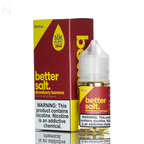 A Vapetasia Bettersalt Salt Nic Strawberry Banana yellow and red bottle and a similar box are on a reflective surface and against a white background.