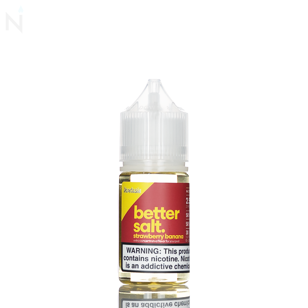 A Vapetasia Bettersalt Salt Nic Strawberry Banana yellow and red bottle with a clear cap is placed on a reflective surface and against a white background.