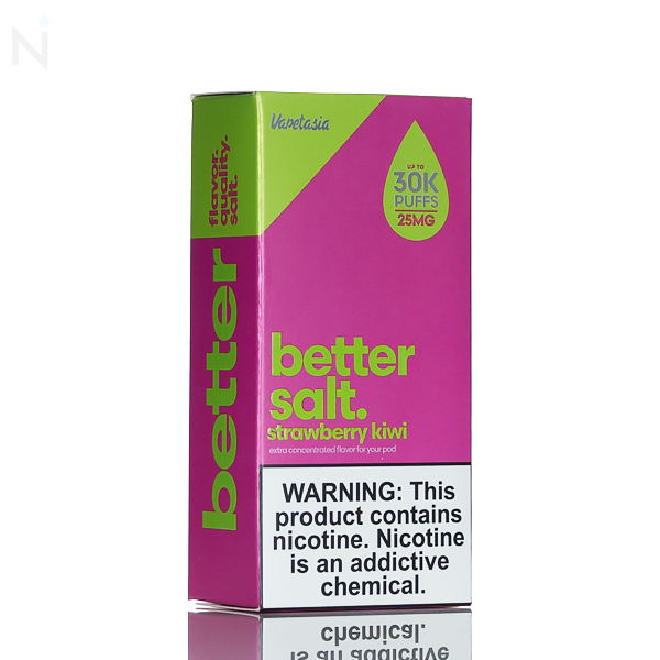 A Vapetasia Bettersalt Salt Nic Strawberry Kiwi dark pink and green box with a nicotine warning label is against a white background on a reflective surface
