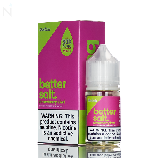 A Vapetasia Bettersalt Salt Nic Strawberry Kiwi dark pink and green bottle with a similar box is on a reflective surface against a white background.