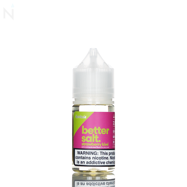 A Vapetasia Bettersalt Salt Nic Strawberry Kiwi dark pink and green bottle with a white cap is placed on a reflective surface against a white background