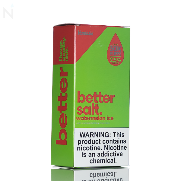 Vapetasia Bettersalt Salt Nic Watermelon Ice box is pink and green on a reflective surface on a white background with a nicotine warning.