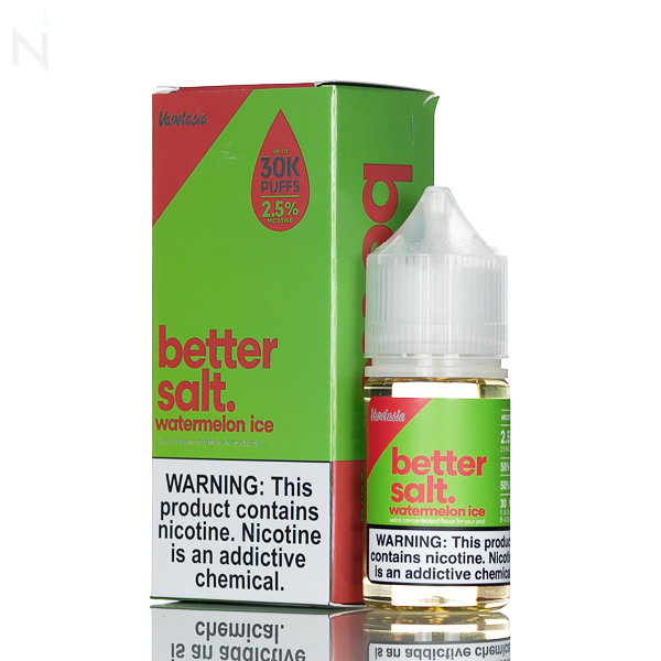 Vapetasia Bettersalt Salt Nic Watermelon Ice bottle is pink and green placed next to a similar box. Both have a nicotine warning, on a reflective surface.
