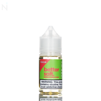 Vapetasia Bettersalt Salt Nic Watermelon Ice bottle is pink and green with a clear cap on a reflective surface on a white background with a nicotine warning.