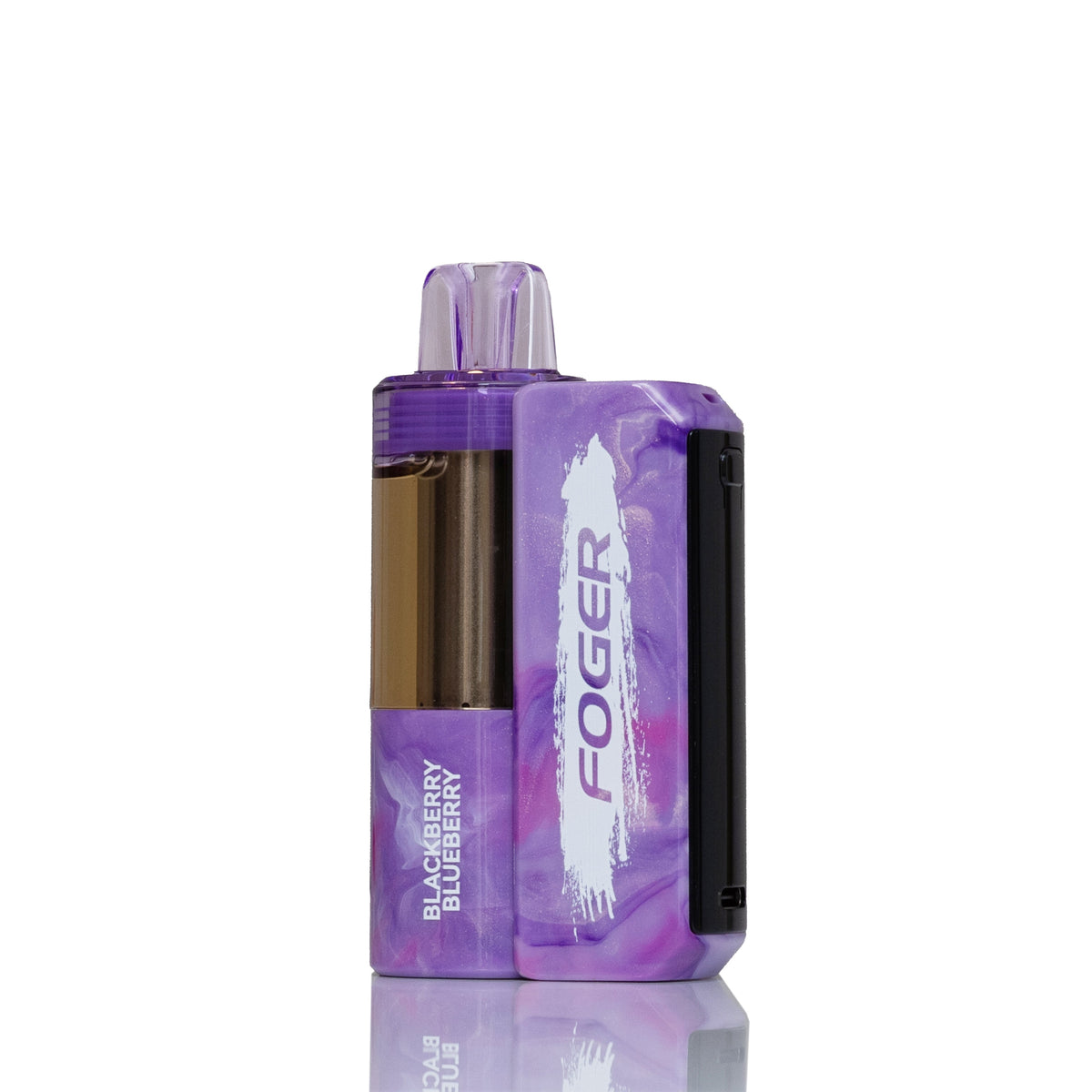 A Foger disposable vape device in Blueberry flavor, featuring a purple marbled body, a clear mouthpiece, and a visible brown heating element chamber, set against a plain white background with a subtle reflection.