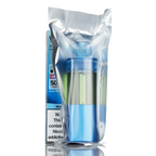 Clear plastic packaging with a blue vape device inside on a white background