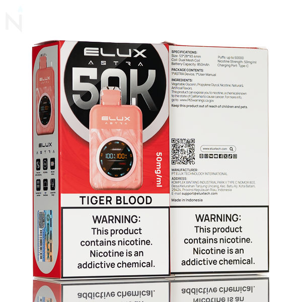 Elux Astra 50K 50,000 Puffs Disposable Vape - 18mL nicotine salt 5% nicotine rechargeable draw activated all day vape tiger blodd