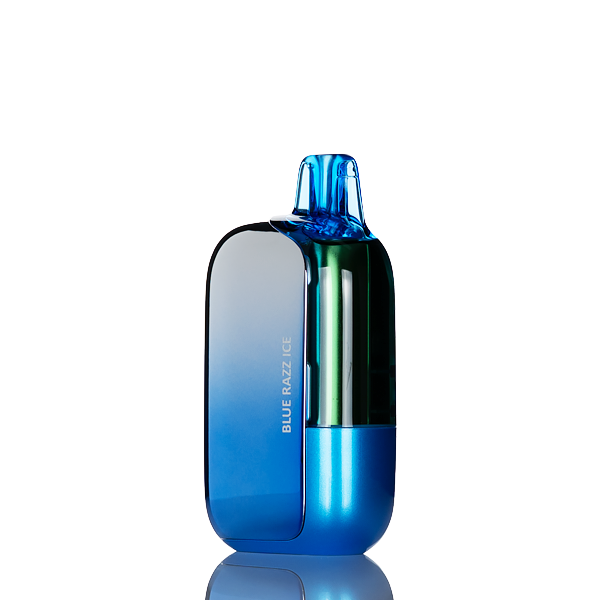Blue and silver bottle with 'Blue Razz Ice' text on a white background