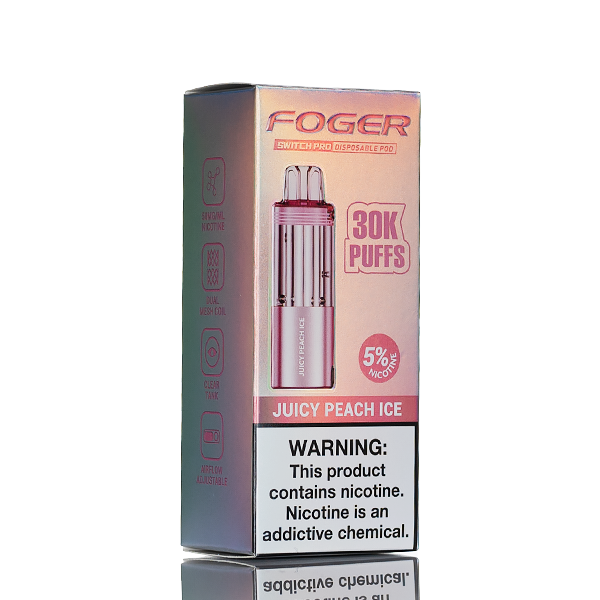 peach Foger Switch Pro 30K Full Kit, featuring a 1050mAh battery, a magnetically removable battery bank, dual mesh coils, OLED display, and 19mL of 5% nic salt.