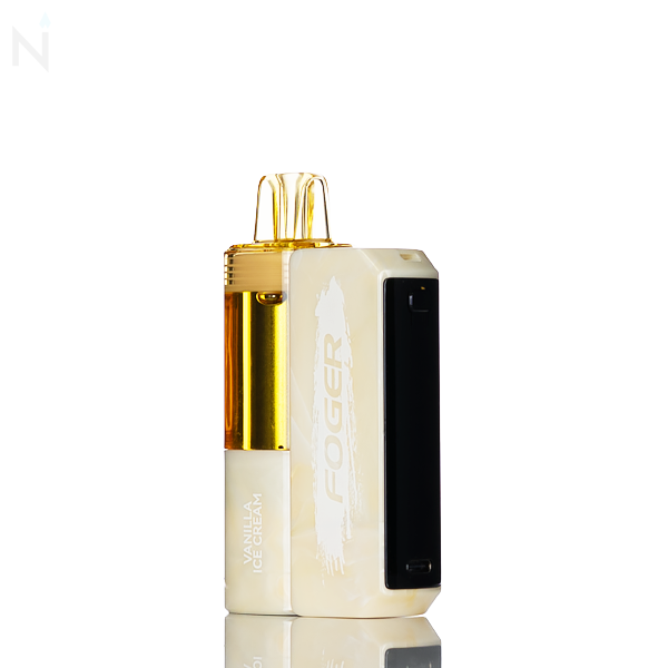 Vape device with gold and black accents on a white background