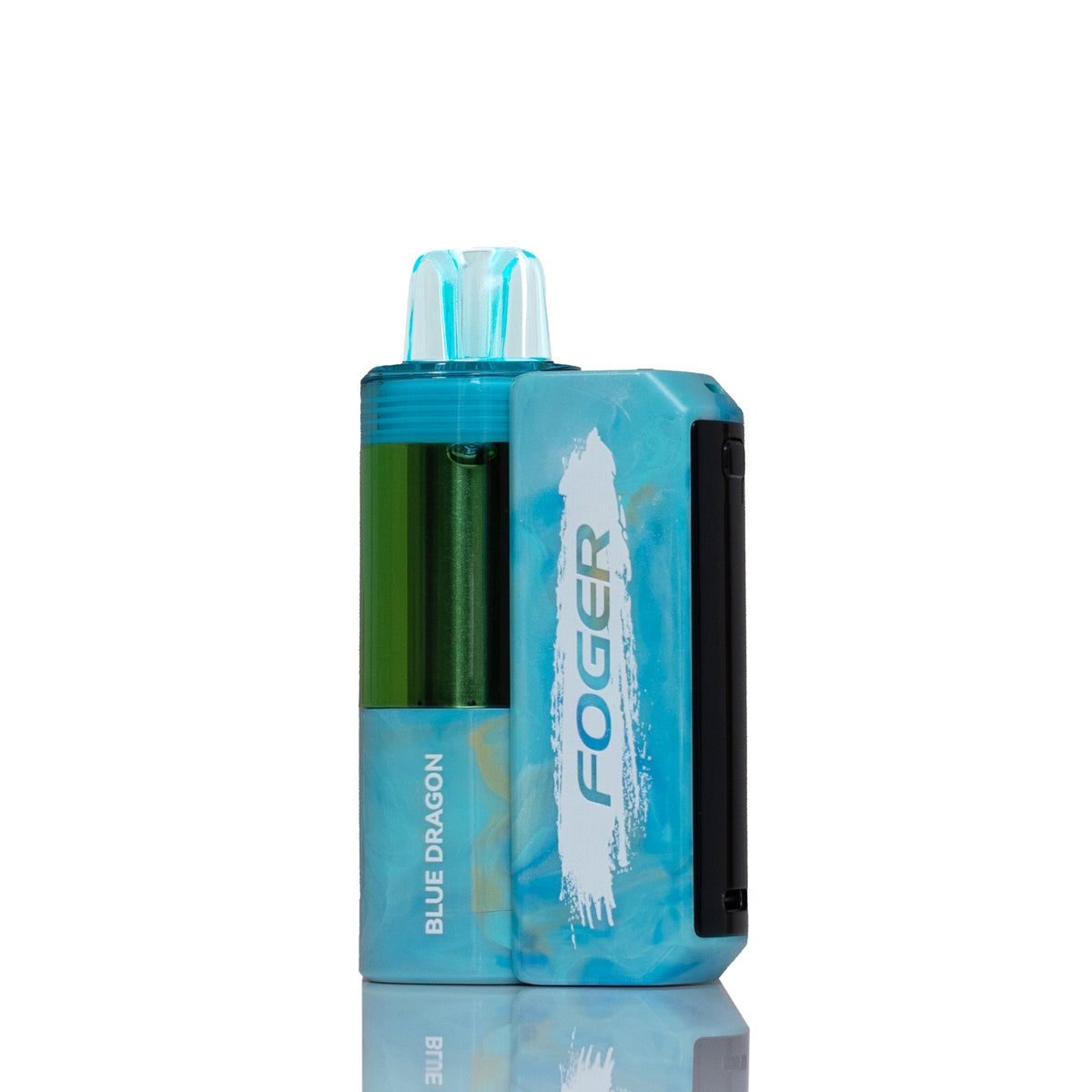 A Foger Blue Dragon disposable vape device with a translucent blue marbled body, a green inner chamber, and a black side panel, shown on a white background with a reflection.