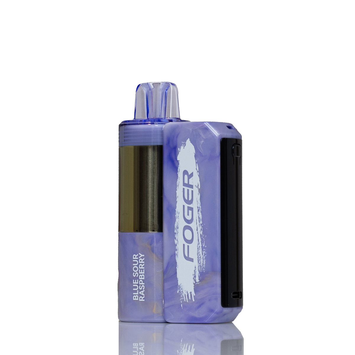 A Foger disposable vape device in Blue Sour Raspberry flavor, featuring a translucent lavender-purple marbled body, a black side panel, and a clear mouthpiece, shown on a white background with a reflection.