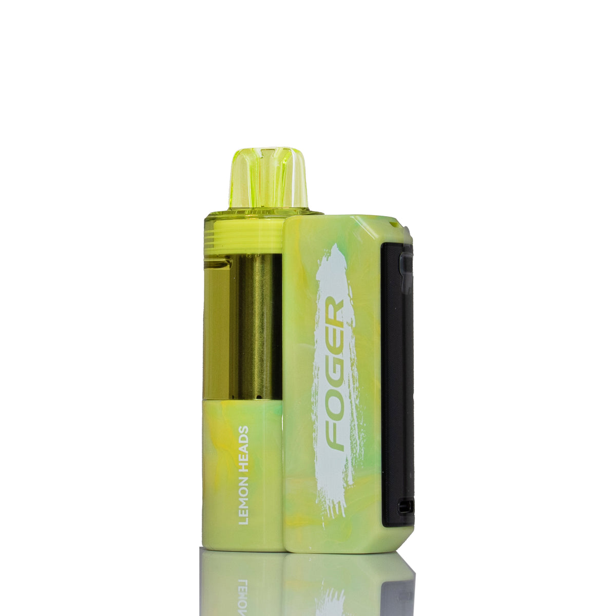 A Foger Lemon Heads disposable vape device in a vibrant lime green color, featuring a translucent top mouthpiece and a black side panel with the Foger logo, set against a plain white background with a subtle reflection.