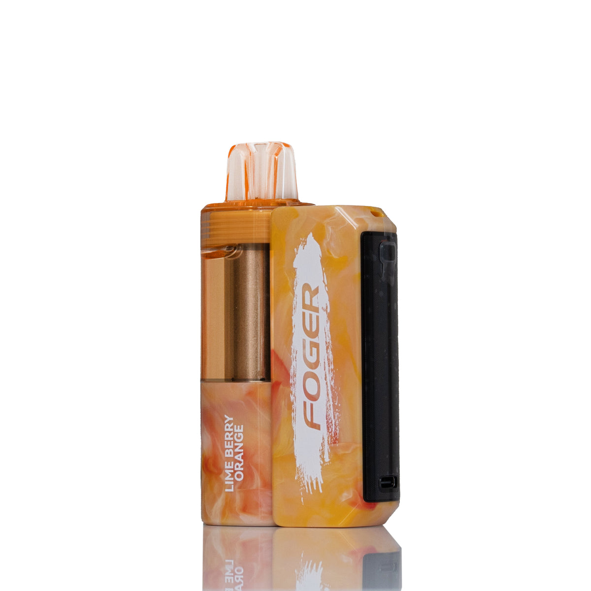 A Foger disposable vape device in Lineberry Orange flavor, featuring a translucent orange and yellow marbled body, a clear mouthpiece, and a black side panel, shown on a reflective white background.