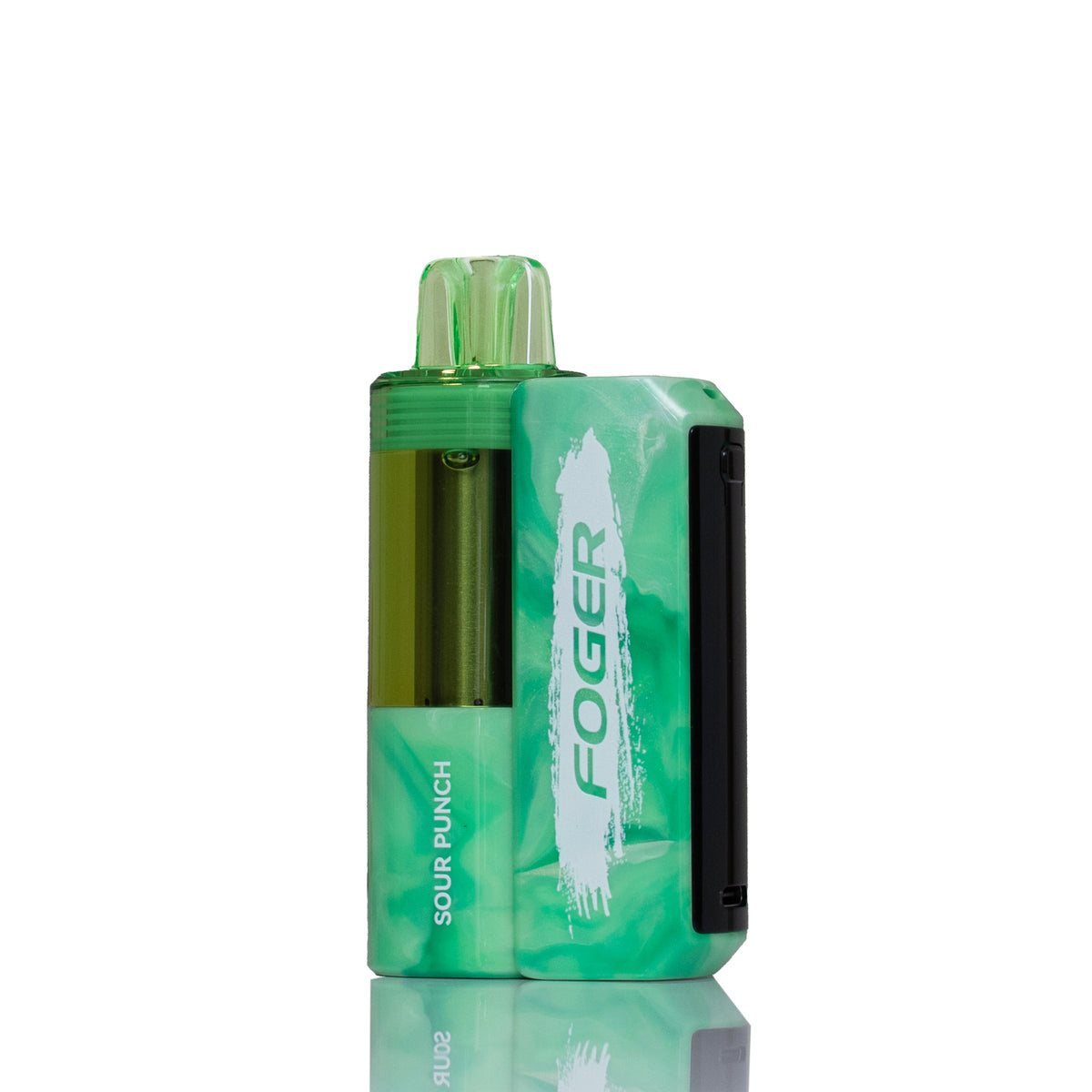 A green Foger disposable vape device with a translucent green body, white logo text, and a black side panel, shown on a white background with a reflection below.