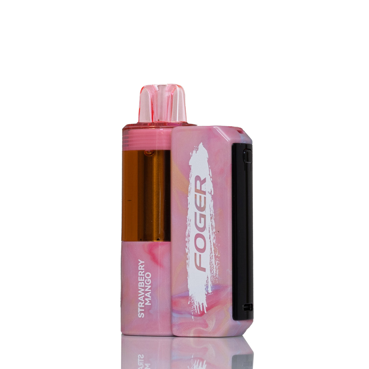A pink marbled vape device with a translucent pink mouthpiece, a clear tank showing amber liquid, and a black side panel. The front displays the brand name 'FOGER' in white over a pink brushstroke design, and the side reads 'STRAWBERRY MANGO'.