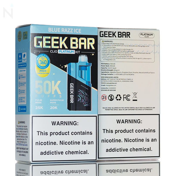 Geek Bar Clio 50k vape kit packaging with nicotine warning labels
