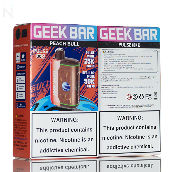 New Geek Bar x2 vape device packaging with product image and warning labels on a white background