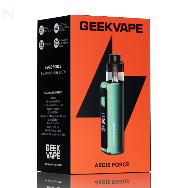 GeekVape Aegis Force 80W pod kit 3200mAh 5mL top-fill top-airflow B Series coil DTL MTL USB-C TFT color display rugged vape