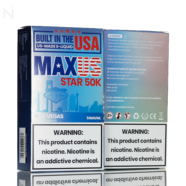 MAXUS Star 50K 50,000 Puffs Disposable Vape 5% nicotine salt rechargeable battery draw activated USA made blue vegas