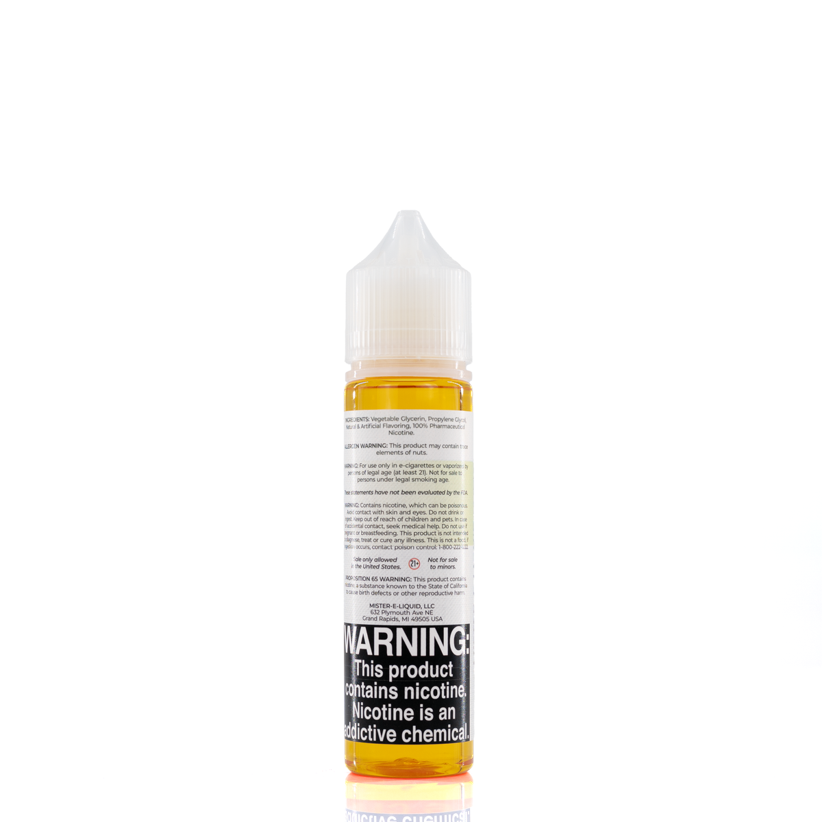 A mister e-liquid bottle is placed on a reflective surface and against a white background. The bottle outlines the ingredients and the warning label.