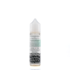 A mister e-liquid bottle is placed on a reflective surface and against a white background. The bottle outlines the ingredients and the warning label.