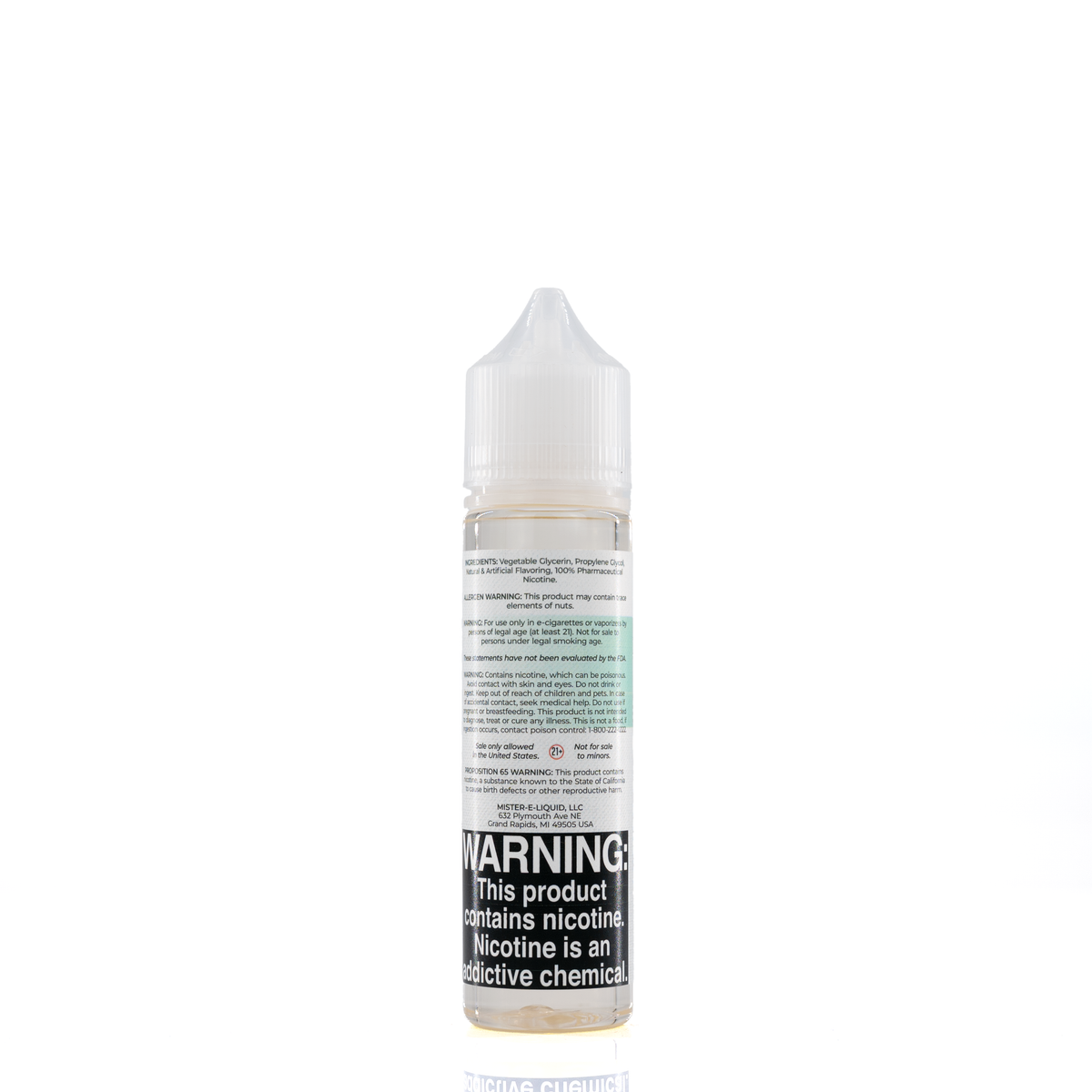 A mister e-liquid bottle is placed on a reflective surface and against a white background. The bottle outlines the ingredients and the warning label.