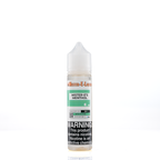A 6mg mister e-liquid bottle of 'mister-e's menthol' is placed on a reflective surface and against a white background. The label is teal, grey, and white.