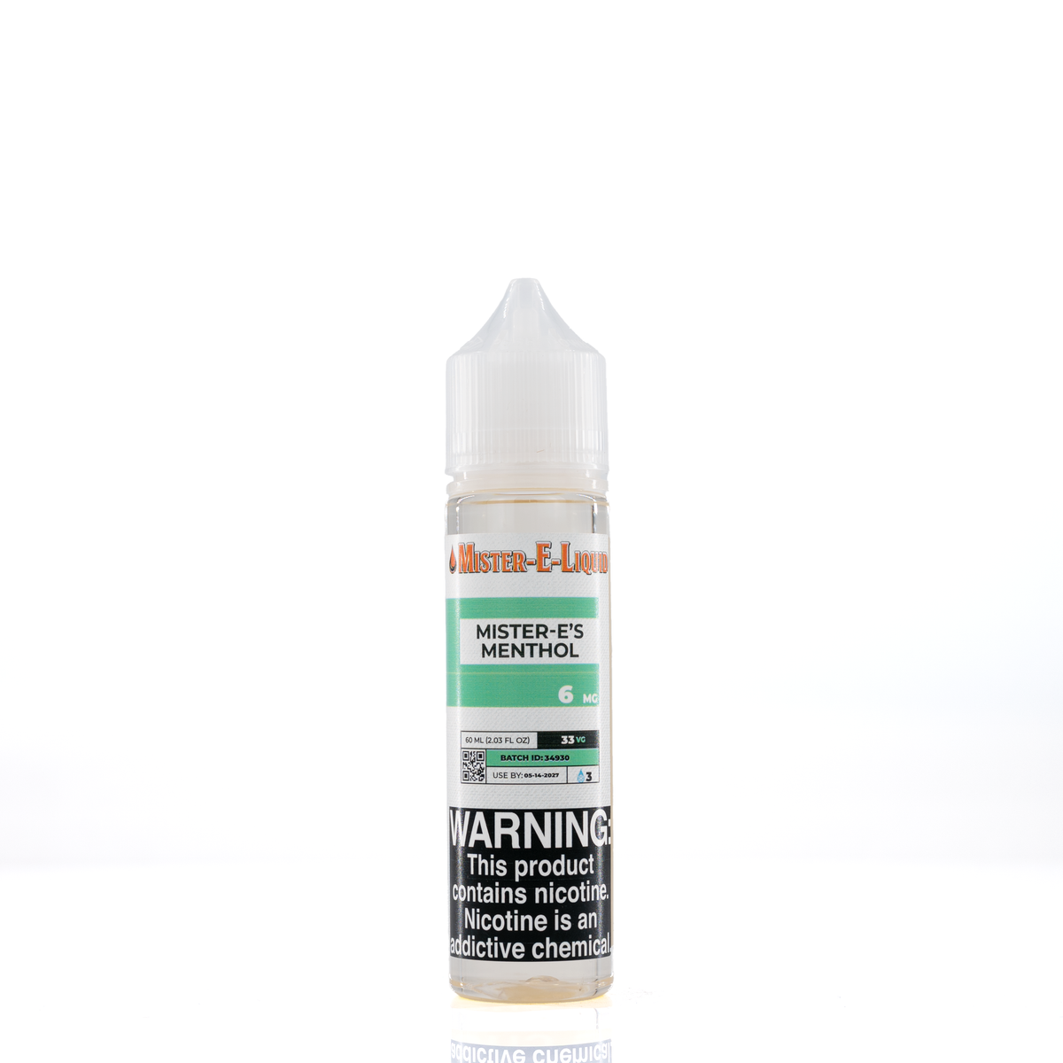 A 6mg mister e-liquid bottle of 'mister-e's menthol' is placed on a reflective surface and against a white background. The label is teal, grey, and white.