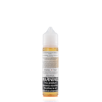 A mister e-liquid bottle is placed on a reflective surface and against a white background. The bottle outlines the ingredients and the warning label.