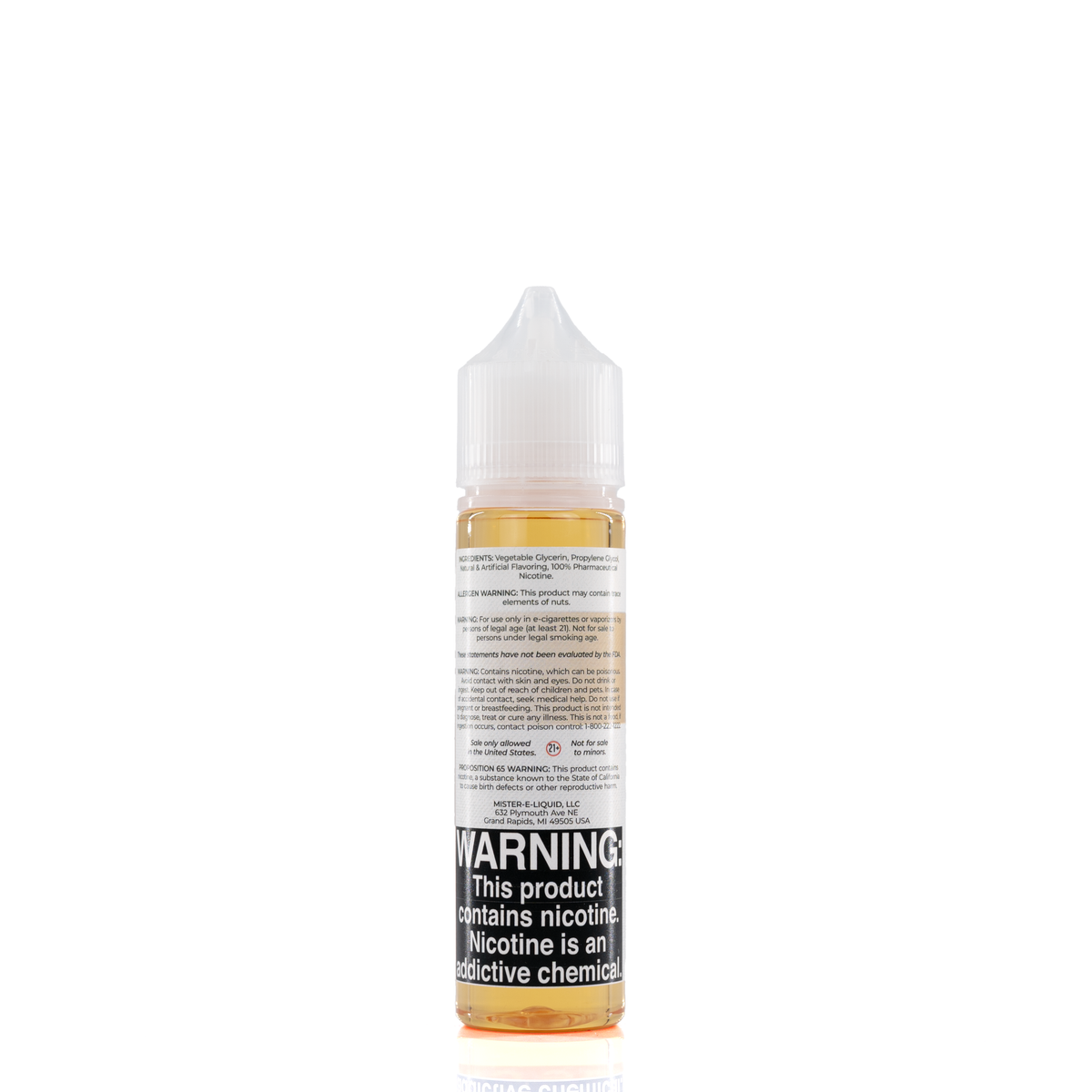 A mister e-liquid bottle is placed on a reflective surface and against a white background. The bottle outlines the ingredients and the warning label.