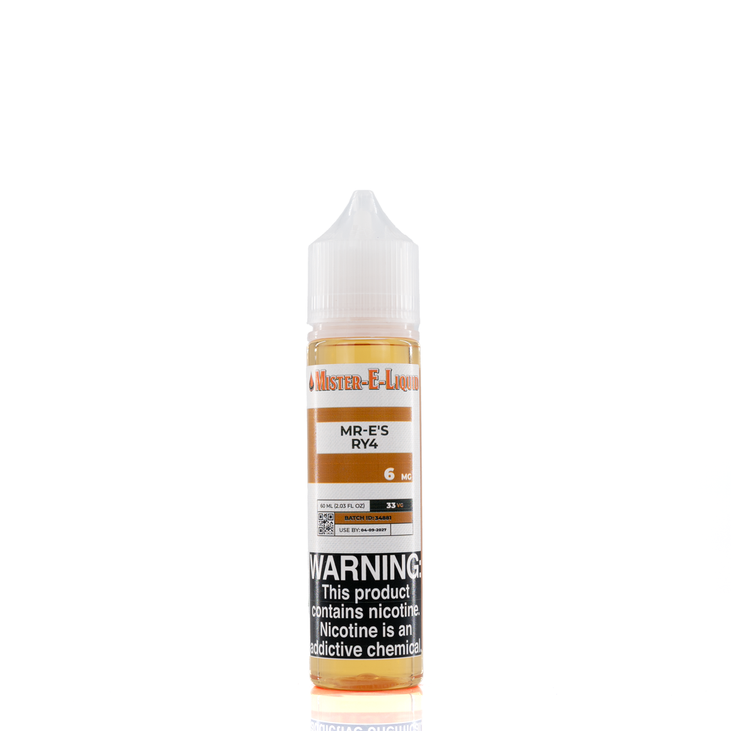 A 6mg mister e-liquid bottle of 'mr.e's ry4' is placed on a reflective surface and against a white background. The label is brown, grey, and white.