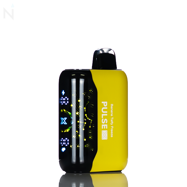 A yellow nevux pulse x disposable vape is placed on a reflective surface, against a white background. The banana taffy freeze flavor is written down the side.