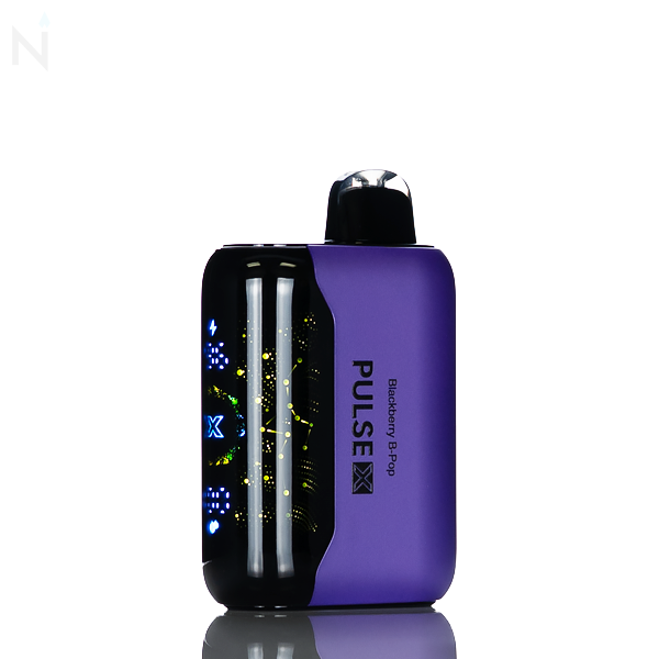 A purple nevux pulse x disposable vape with an illuminated screen is against a white background, the vape flavor 'blackberry B-pop' is written down the side.