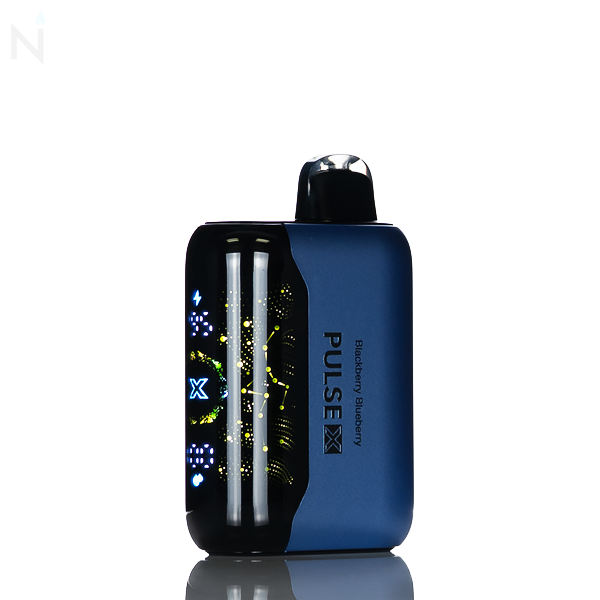 A blue nevux pulse x disposable vape is placed on a reflected surface and against a white background. The blackberry blueberry flavor is written on the side.