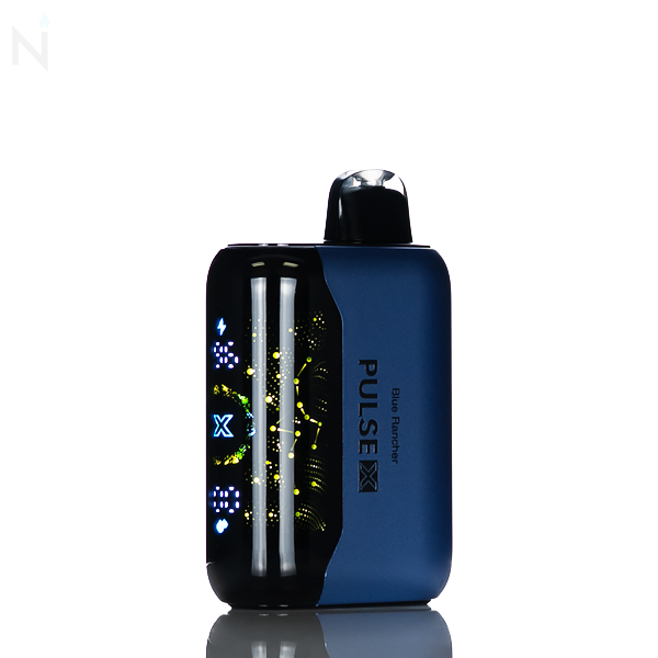 A dark blue nevux pulse x disposable vape with an illuminated screen is against a white background, the vape flavor 'blue rancher' is written on the side.