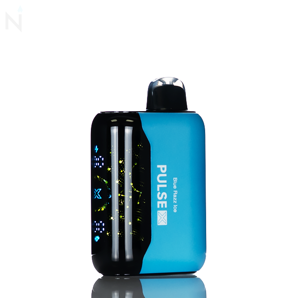 A blue nevux pulse x disposable vape with an illuminated screen is against a white background, the vape flavor 'blue razz ice' is written on the side.
