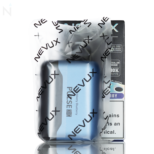 A packed vape pod against a black, white, and blue colored box is centered against a white backdrop. The packaged vape is blue, blackberry blueberry flavor.