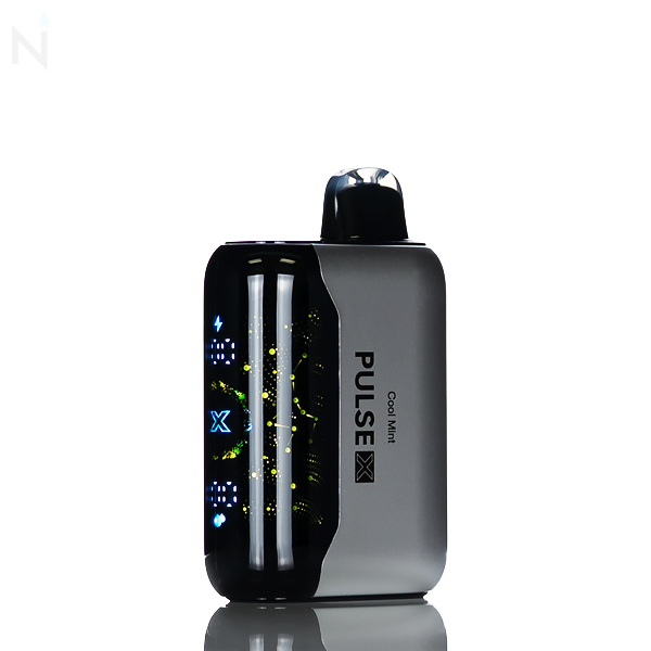 A gray nevux pulse x disposable vape with an illuminated screen is against a white background, the vape flavor 'cool mint' is written down the side.