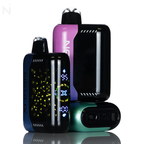 Three NEVUX Pulse X 40K disposable vapes are stacked on top of each other and reflected on a white surface. The vape screen in the front is illuminated.