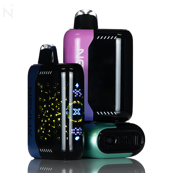 Three NEVUX Pulse X 40K disposable vapes are stacked on top of each other and reflected on a white surface. The vape screen in the front is illuminated.