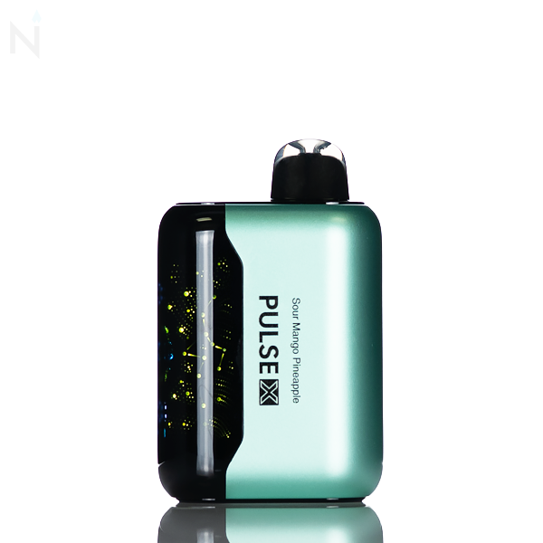 A teal NEVUX Plus disposable vape is against a white background and reflected on a white surface. The flavor is sour mango pineapple with illuminated screen.