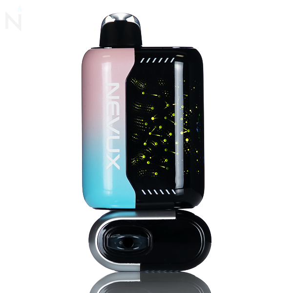 A pink and blue illuminated nevux pulse X disposable vape is stacked on top on top of a silver vape surrounded by a white background and reflected by white.
